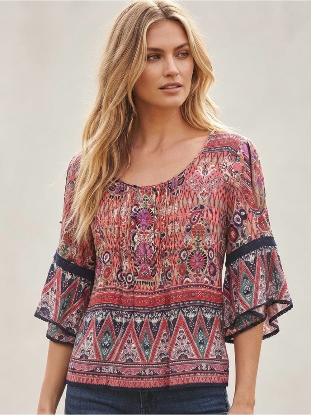 Bila Multicolor Coral Paisley Boho top